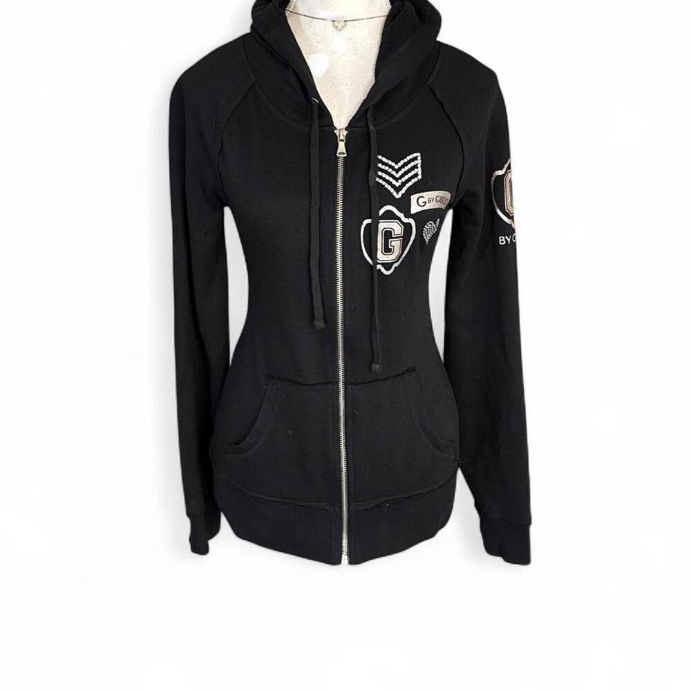 Y2K Fitted Zip up jacket Black Guess zipup hoodie with white logo size M Mcbling